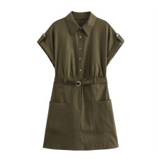 Flip collar short sleeved belt with linen dress decoration