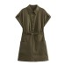 Flip collar short sleeved belt with linen dress decoration