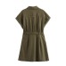 Flip collar short sleeved belt with linen dress decoration