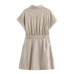 Flip collar short sleeved belt with linen dress decoration