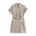 Flip collar short sleeved belt with linen dress decoration
