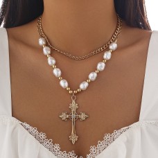 Fashionable cross imitation pearl necklace set, versatile alloy geometric collarbone chain
