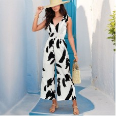 New European and American summer women's sleeveless black and white printed jumpsuit pants