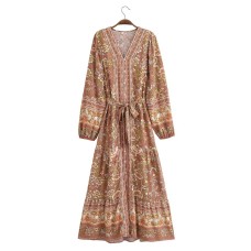 Fashionable temperament V-neck long sleeved printed lace up waist dress