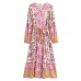 Fashionable temperament V-neck long sleeved printed lace up waist dress