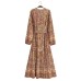 Fashionable temperament V-neck long sleeved printed lace up waist dress