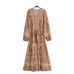 Fashionable temperament V-neck long sleeved printed lace up waist dress