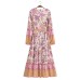 Fashionable temperament V-neck long sleeved printed lace up waist dress