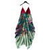 Unique and niche vacation dress with women's design sense, V-neck pleated irregular print, contrasting color vacation flower bud long skirt