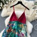 Unique and niche vacation dress with women's design sense, V-neck pleated irregular print, contrasting color vacation flower bud long skirt