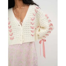 V-neck lace up hollow knit cardigan top sweater jacket for women