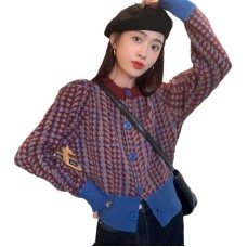 Short style herringbone sweater jacket for women in autumn and winter, Hong Kong style retro chic slim fit chic knitted cardigan top