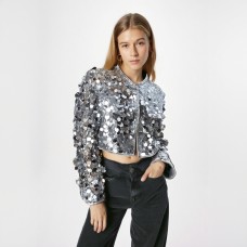 Autumn Winter Sequin Shiny Long Sleeve Party Club Jackets Outerwears Women Dance Stage  Silver Coat