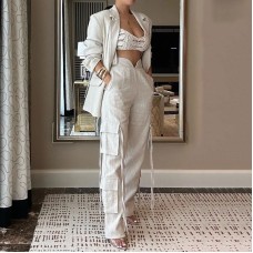 Fashionable two-piece apricot-colored multi-pocket suit trousers with loose ribbons