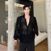 Asexual hollow embroidery jacquard micro perspective lace shirt men's front shoulder large padded shoulder long sleeved 