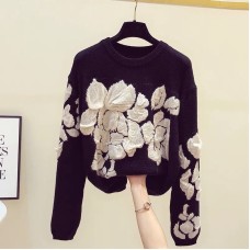 Embroidery flower round neck knitted top with pullover fashionable long sleeved sweater for women