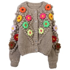 Sweater round neck long sleeved flower patchwork loose bar needle vintage knitted cardigan
