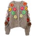 Sweater round neck long sleeved flower patchwork loose bar needle vintage knitted cardigan