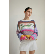 Fashionable lazy style sweater knitted sweater striped contrasting loose stick needle punched three-dimensional flower long slee Fashionable lazy style sweater knitted sweater striped contrasting loose stick needle punched three-dimensional flower long slee