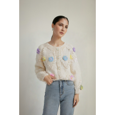 Heavy industry hand hooked sweater women's beige diamond hook flower sweet loose round neck cardigan thick
