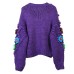 Autumn and winter new women's clothing color blocking flower splicing round neck long sleeved sweet and gentle purple needle swe