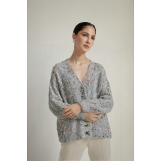 Glitter sweater cardigan women's gray long sleeved sweater lazy style loose French fashion V-neck single breasted sweater