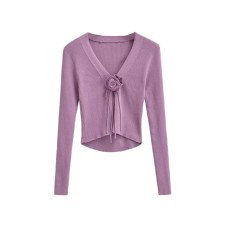 Spicy girl design V-neck chest rose long sleeved knitted sweater autumn new slim fit outerwear short cardigan top