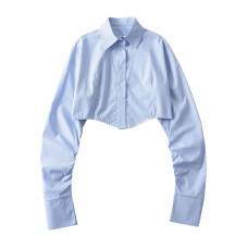 European and American style autumn spicy girl style solid color short shirt with long collar and pleated cuffs, high waist short