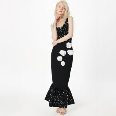 Black Color Women Sleeveless Sexy O-Neck Pearl Beading Bodycon Bandage Gown Dress Celebrate Fashion Evening Party Outfit Vestido