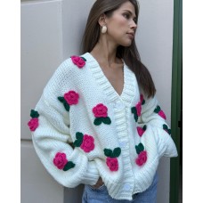 Three dimensional rose blossom knitted cardigan top hand crocheted sweater jacket