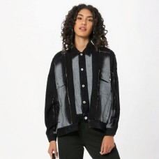 Color blocking structure splicing single breasted design denim jacket for women