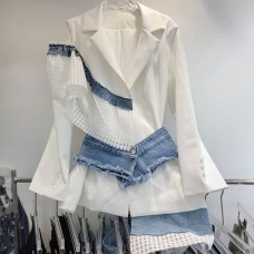 New high-end design single shoulder hollowed out loose heavy-duty denim patchwork suit top