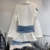 New high-end design single shoulder hollowed out loose heavy-duty denim patchwork suit top