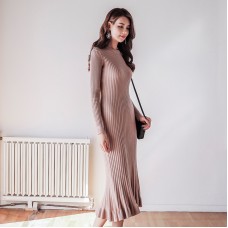 Ribbed-knit Jersey Dress Long Sleeve Ruffle Hem Solid Color Crew Neck Sweater Dress  Knitwear Autumn/Winter Woman Clothing