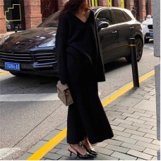 Korean Lazy Sweater Set Skirt Women's Autumn/Winter V-neck Knitted Top Fish Tail Half Skirt Fashion Two piece Set Korean Lazy Sweater Set Skirt Women's Autumn/Winter V-neck Knitted Top Fish Tail Half Skirt Fashion Two piece Set
