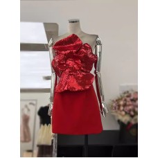 French socialite heavy industry sequin embroidery three-dimensional flower waist slimming strapless dress dress