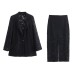 Shoulder pads lace suit jacket midi skirt Shoulder pads lace suit jacket midi skirt