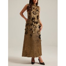 Three dimensional flower splicing sleeveless waist cinched A-line skirt long dress for women