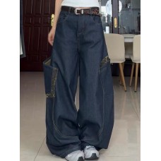 Retro leopard print patchwork curved jeans with loose large pockets and wide legs trendy