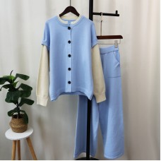 Detachable sleeve knitted cardigan, woolen pants, loose contrasting sweater set for women's fashion