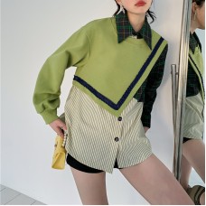 Fake Two Top Retro Hoodie Women's Asymmetric Shirt