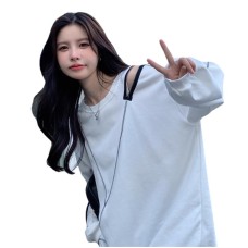 Loose open zipper off shoulder long sleeved sweatshirt for women