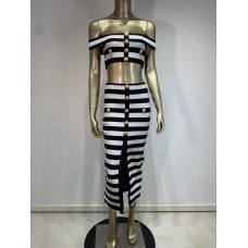 New Black and White Zebra Pattern Bandage Skirt Set European and American Fashion Off Shoulder Short Top Long Skirt Two Piece Set