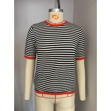 European and American women's round neck striped contrasting short sleeved casual sweater