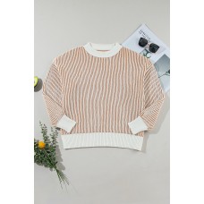 European and American casual loose striped cross color round neck top for women
