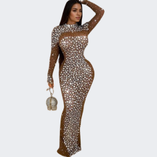 European and American fashionable women's solid-color tulle dress with rhinestone hot-fix long-sleeved and long skirt