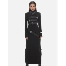 Round neck splicing design slim fit slimming long sleeved dress for women