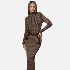 Elegant temperament Japanese and Korean casual half high neck belt long skirt long sleeved dress Elegant temperament Japanese and Korean casual half high neck belt long skirt long sleeved dress