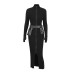 Elegant temperament Japanese and Korean casual half high neck belt long skirt long sleeved dress