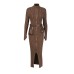 Elegant temperament Japanese and Korean casual half high neck belt long skirt long sleeved dress